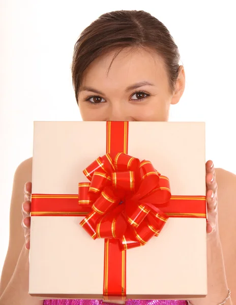 Woman with white gift box. — Stock Photo, Image