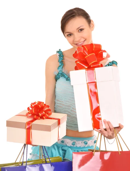 Woman with gift box and bow. — Stock Photo, Image