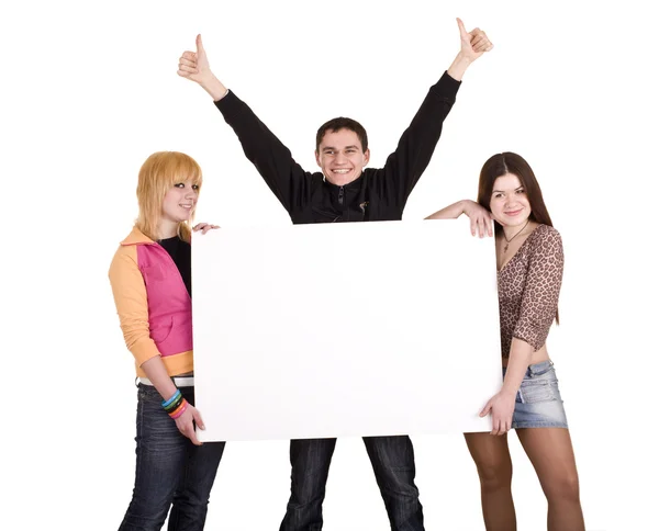 Banner and three young adult. — Stock Photo, Image