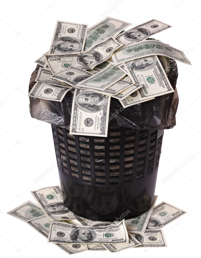 A money is in a trash bucket.