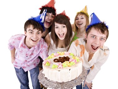 Teenagers celebrate happy birthday.