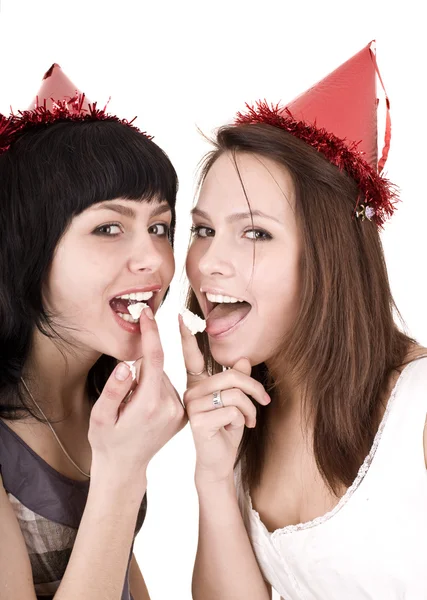 Dos chica en cumpleaños comer pastel . — Foto de Stock