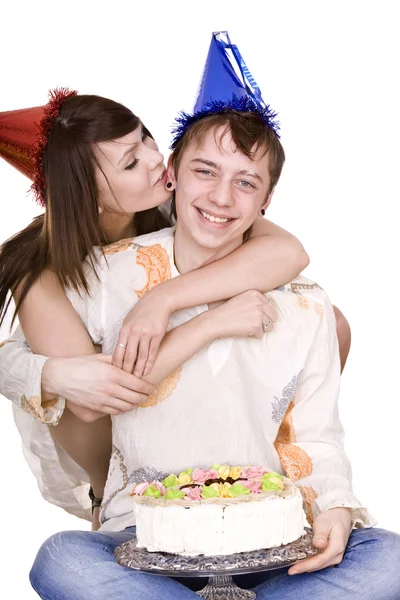 Feliz cumpleaños de dos adolescentes con pastel . —  Fotos de Stock