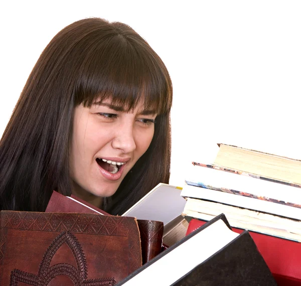 Menina inteligente com livro heap . — Fotografia de Stock
