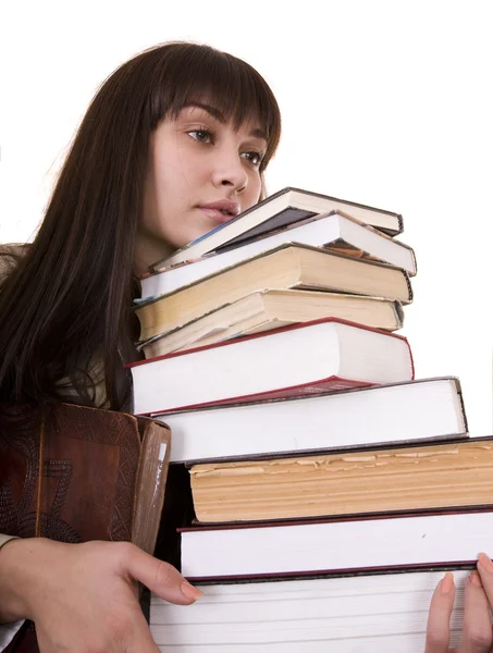 Menina inteligente com livro heap . — Fotografia de Stock