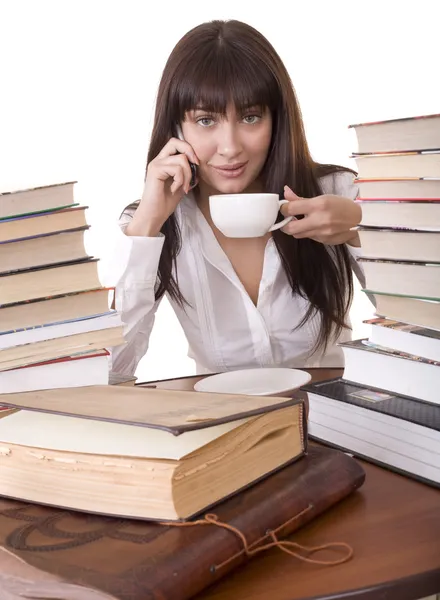 Girl with heap book and cup, — Stock Photo, Image