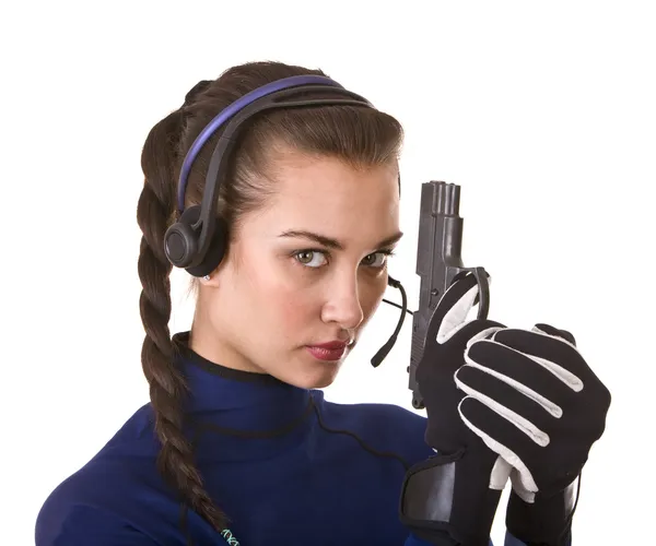 Dívka s pistolí podpory zákazníků. — Stock fotografie