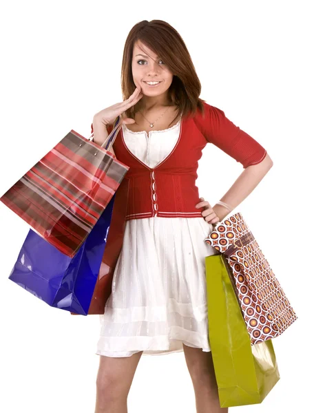 Ung flicka med gåva väska. — Stockfoto