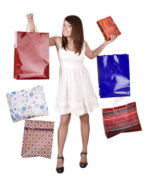 Młoda dziewczyna z torby na zakupy. na białym tle. — Zdjęcie stockowe