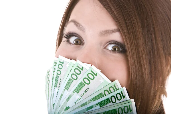 Ευτυχισμένη γυναίκα με την ομάδα των χρημάτων. — Φωτογραφία Αρχείου