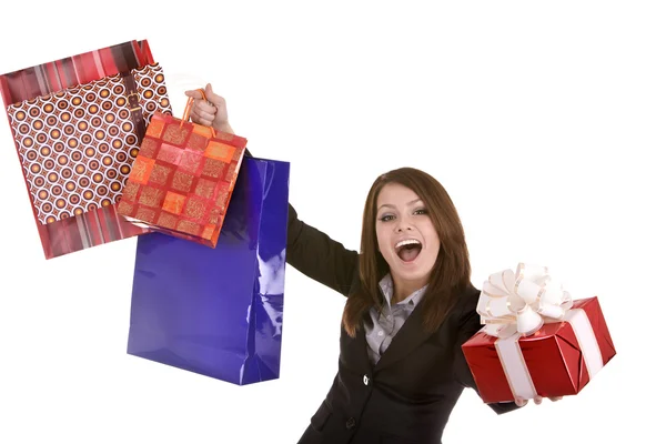 Business woman with gift box and bag. — Stock Photo, Image
