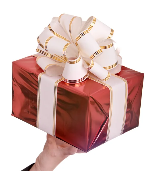 Kırmızı hediye kutusu ve beyaz papyon. — Stok fotoğraf
