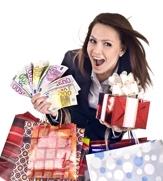 Geschäftsfrau mit Geld, Geschenk, Schachtel. — Stockfoto