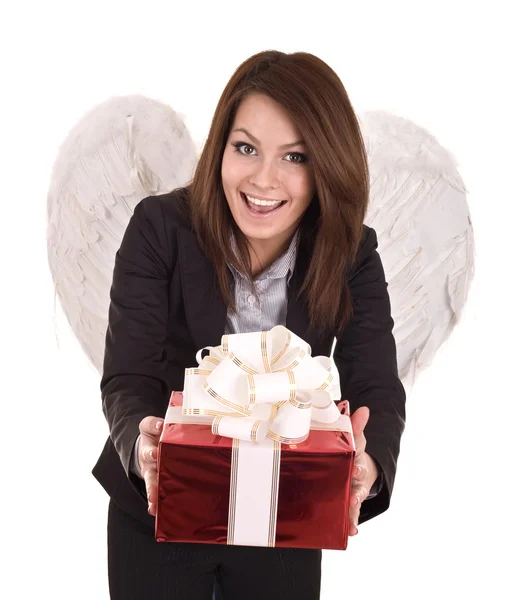 Femme d'affaires ange avec boîte cadeau . — Photo