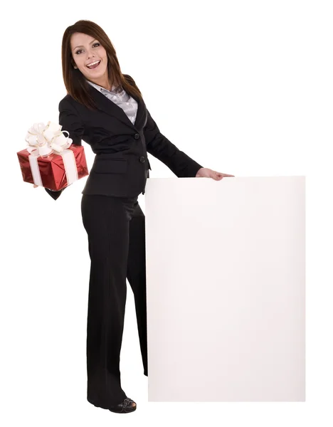 Femme d'affaires avec boîte cadeau, bannière . — Photo