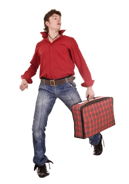 Hombre feliz con maleta de viaje  . — Foto de Stock