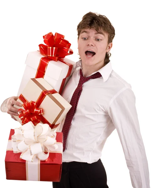 Hombre con caída caja de regalo ejecutar . —  Fotos de Stock