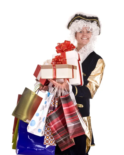 Man in oude kostuum en geschenk doos. — Stockfoto