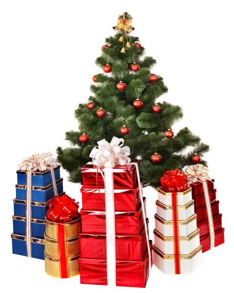 Árvore de Natal e caixa de presente de grupo . — Fotografia de Stock