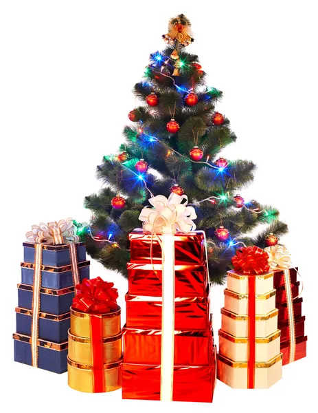Christmas tree with light and gift box. — Stock Photo, Image