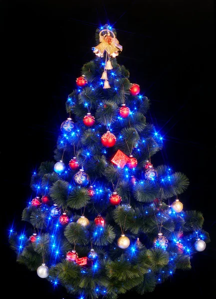 圣诞树与光和蓝色星. — 图库照片