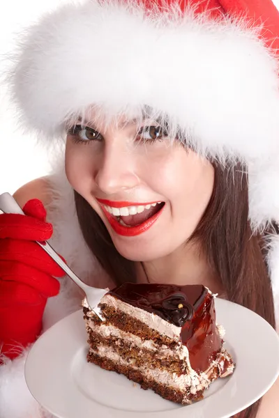 Menina de Natal e bolo no prato . — Fotografia de Stock