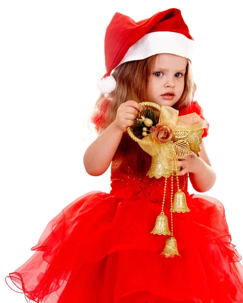 Child in santa hat with christmas bell. — Stock Photo, Image
