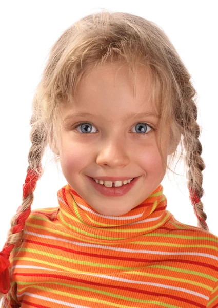 Fröhliches Kindermädchen in orangefarbenem Pullover — Stockfoto