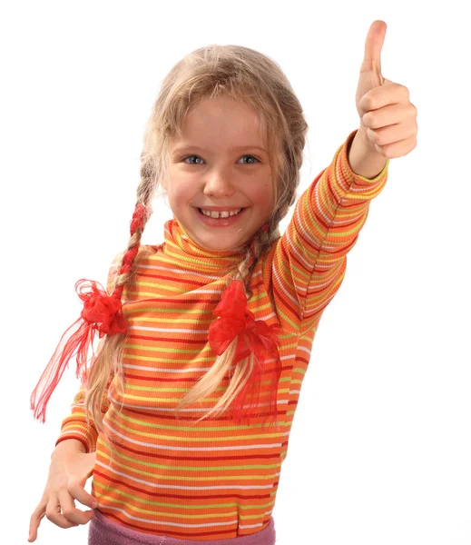 Ein fröhliches Mädchen im orangefarbenen Pullover. — Stockfoto