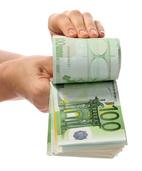 Banknotów euro pieniędzy w ręce — Zdjęcie stockowe