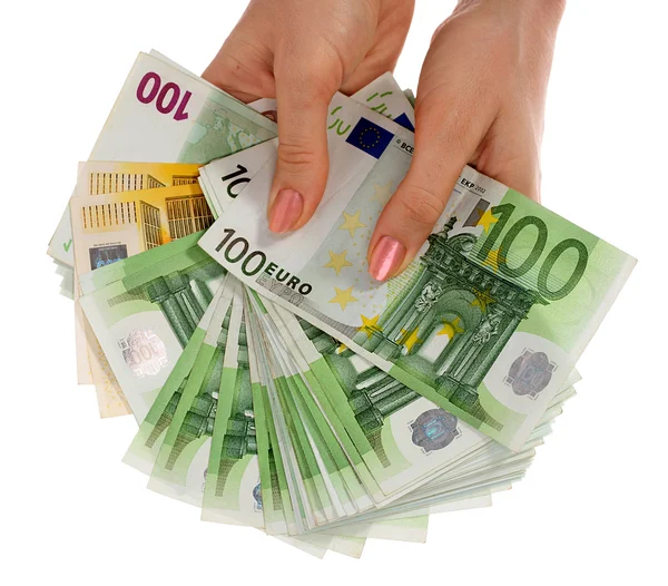 Peníze euro bankovek v ruce — Stock fotografie