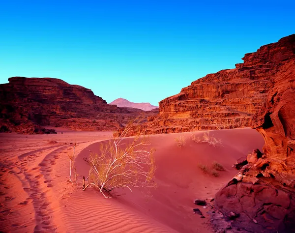 Sonnenuntergang in der jordanischen Wüste wadi rum. — Stockfoto