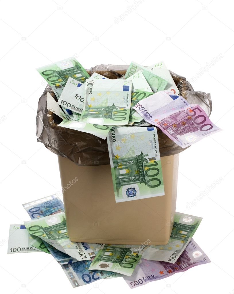A money is in a trash bucket.