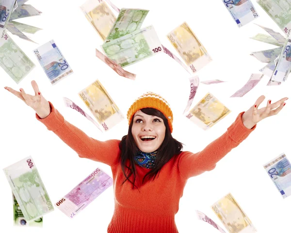 Menina em chapéu laranja com dinheiro voador — Fotografia de Stock
