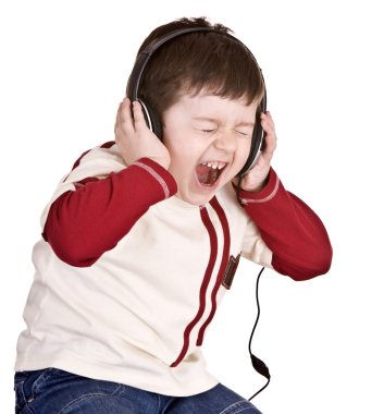 Boy in headphones listen music. clipart