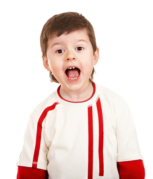 Chłopiec w swetrze sportu z otwartymi ustami. — Zdjęcie stockowe