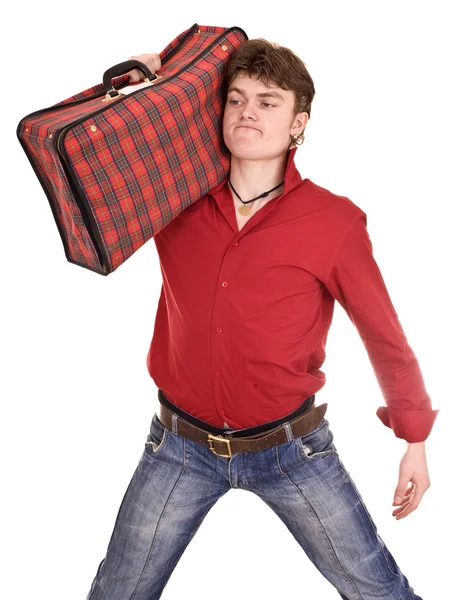 Szczęśliwy człowiek z walizką podróży . — Zdjęcie stockowe