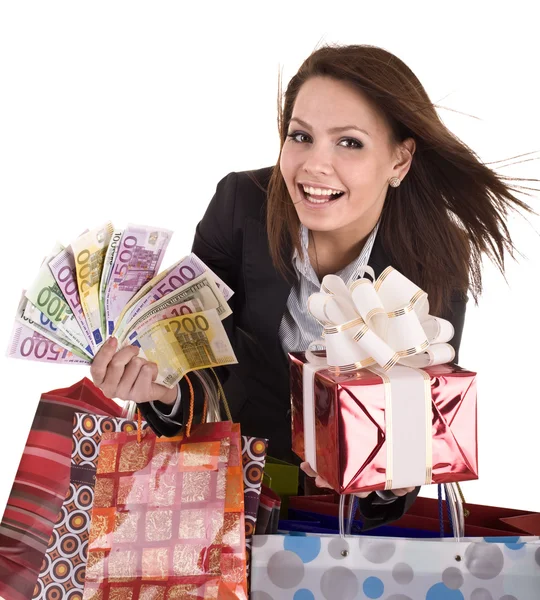 Деловая женщина с деньгами, подарочная коробка — стоковое фото