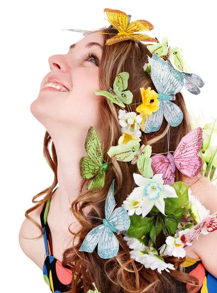 Ragazza con farfalla e fiore sulla testa . — Foto Stock