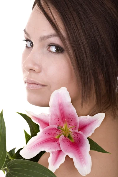 Mooi meisje met bloem. gezicht. — Stockfoto