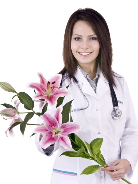 Γιατρός με το στηθοσκόπιο και λουλούδι. — Φωτογραφία Αρχείου