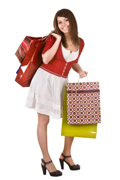 Glad tjej med gruppen shopping väska. — Stockfoto