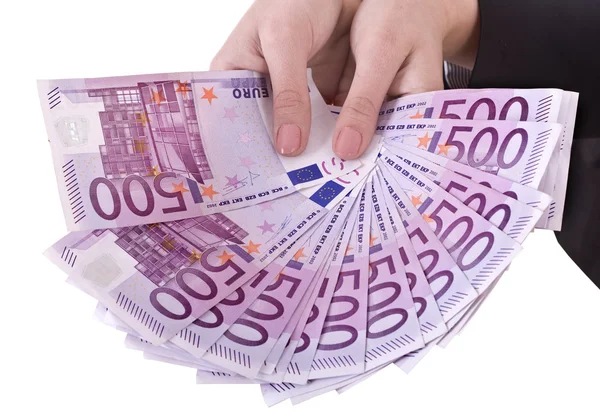 Pénz euró a lány kezét. — Stock Fotó