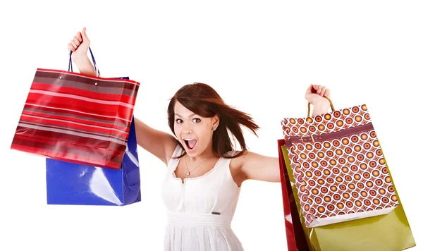 Menina feliz com saco de compras em grupo . — Fotografia de Stock