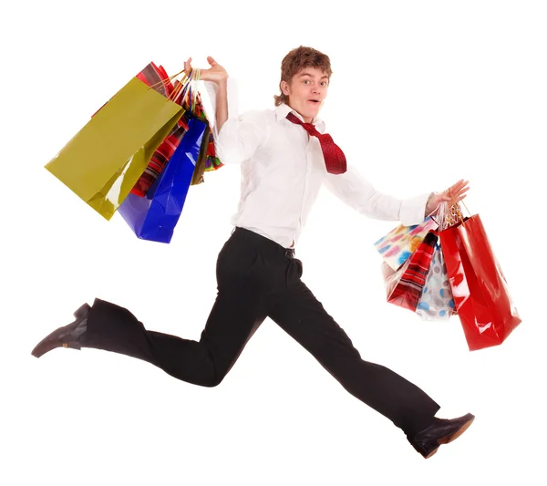 Happy man with shopping bag run. — Stock Photo, Image