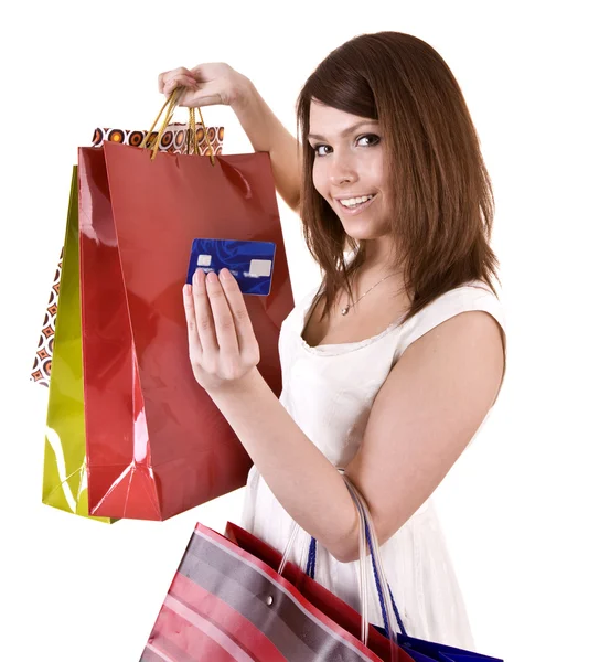 Meisje met zak en credit card. — Stockfoto