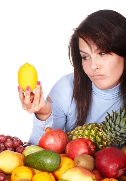 Girl with group of fruit and vegetables. — Stock Photo, Image
