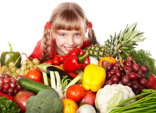 Kind meisje met groente- en fruitsector — Stockfoto