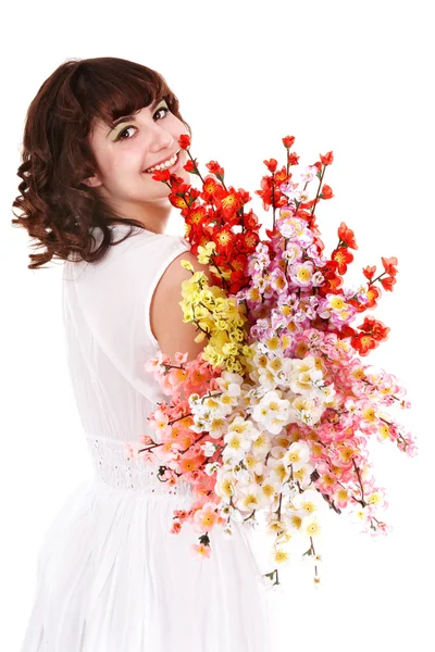 Όμορφη κοπέλα με το λουλούδι την άνοιξη. — Φωτογραφία Αρχείου