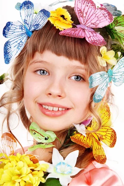 Beautiful girl with butterfly and flower — Stock Photo, Image